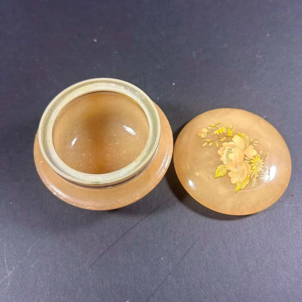 Genuine Alabaster Trinket Box Orange Hand Painted Floral Italy Vintage